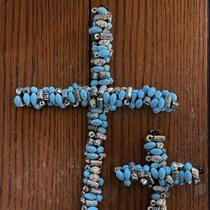 Handmade Crucifix Cross Silver & Turquoise beaded stones wire - hanging (2)